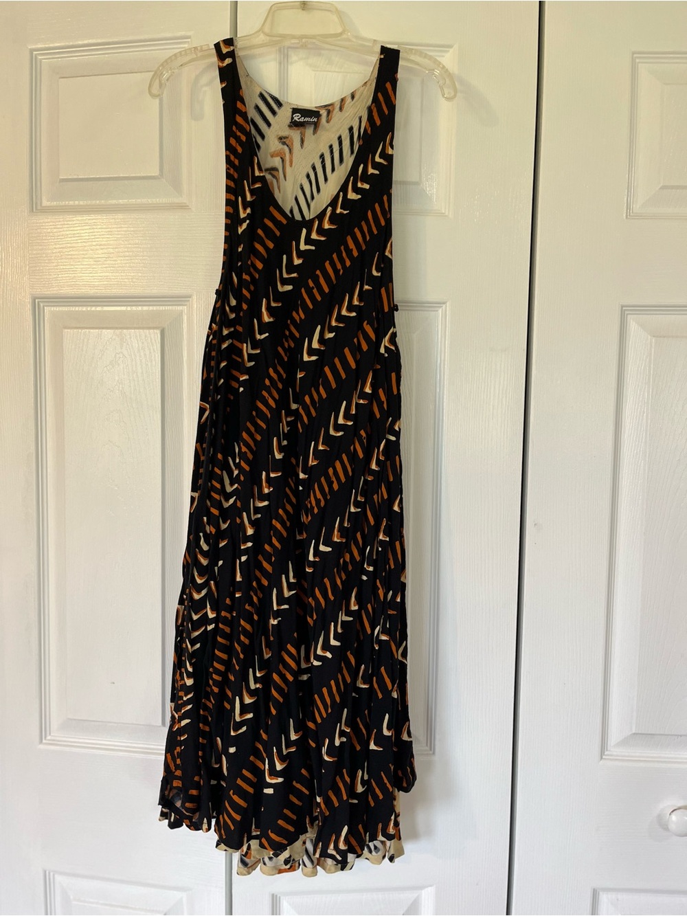 Ramin Black, Tan & Cream Sleeveless Printed Midi Dress